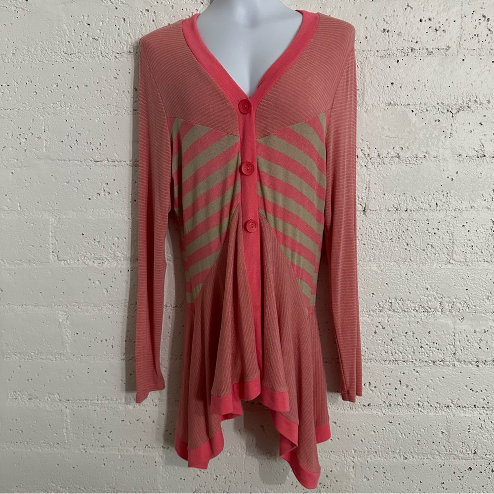 Finesse Sweater 2XL Pink Tan Step Button Front Rayon Blend Long Sleeve AJ18